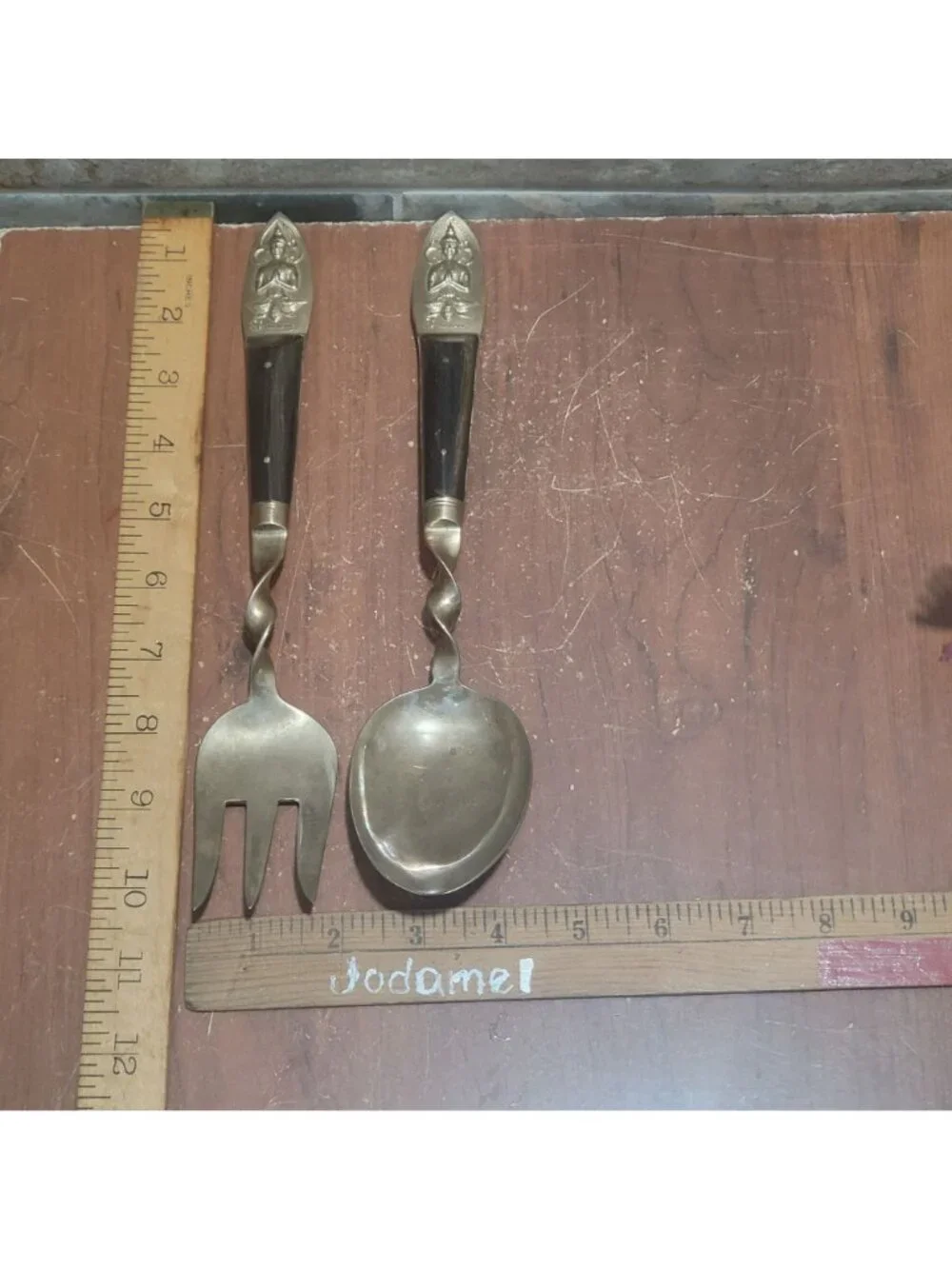 VTG Flatware Salad Servers Brass Bronze Thai Dancer Buddha Motif Stamped S Thail